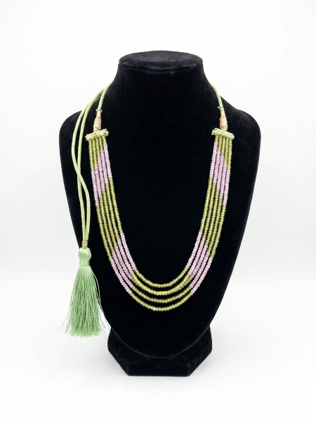 Pastel Lavender and Olive Green Zirconia Beads 5 Layered Necklace for Women 