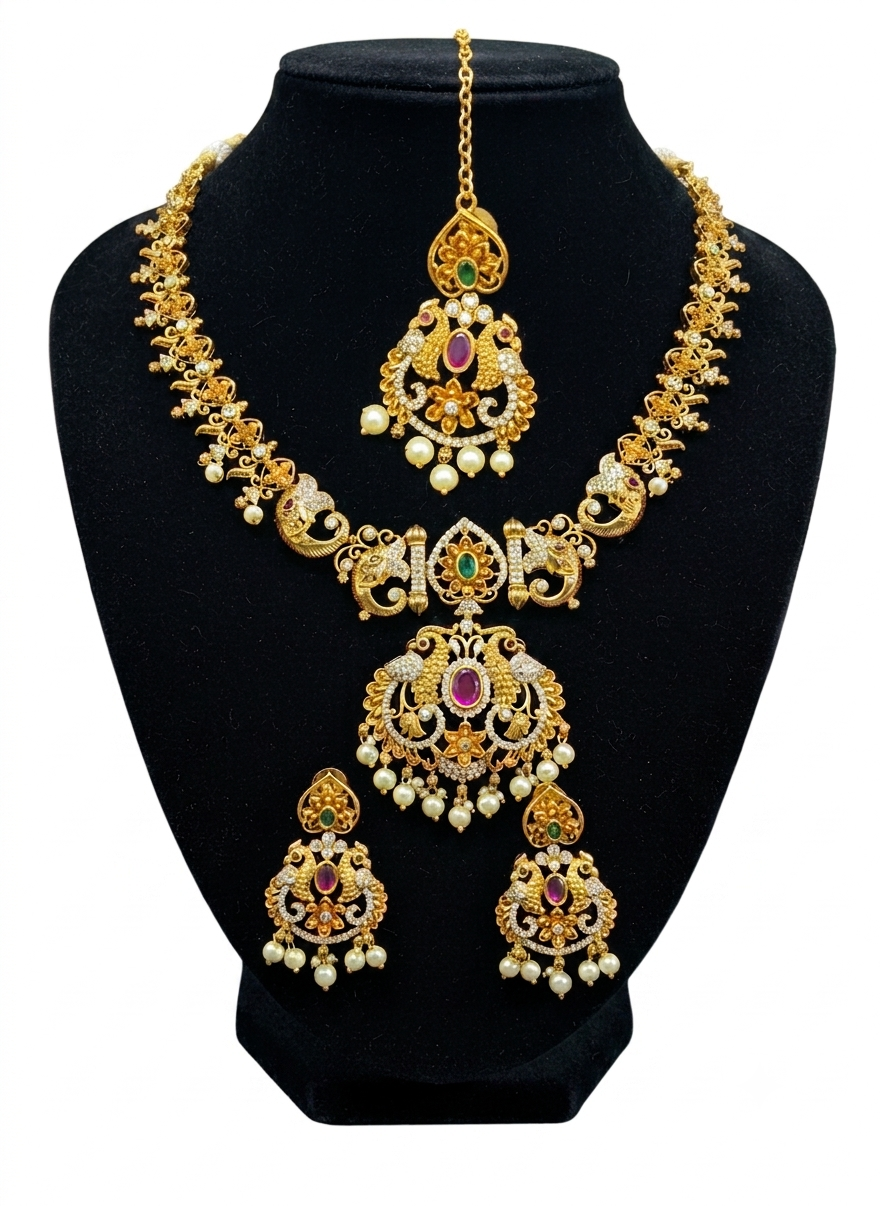 Peacock theme gold look alike Jewellery set