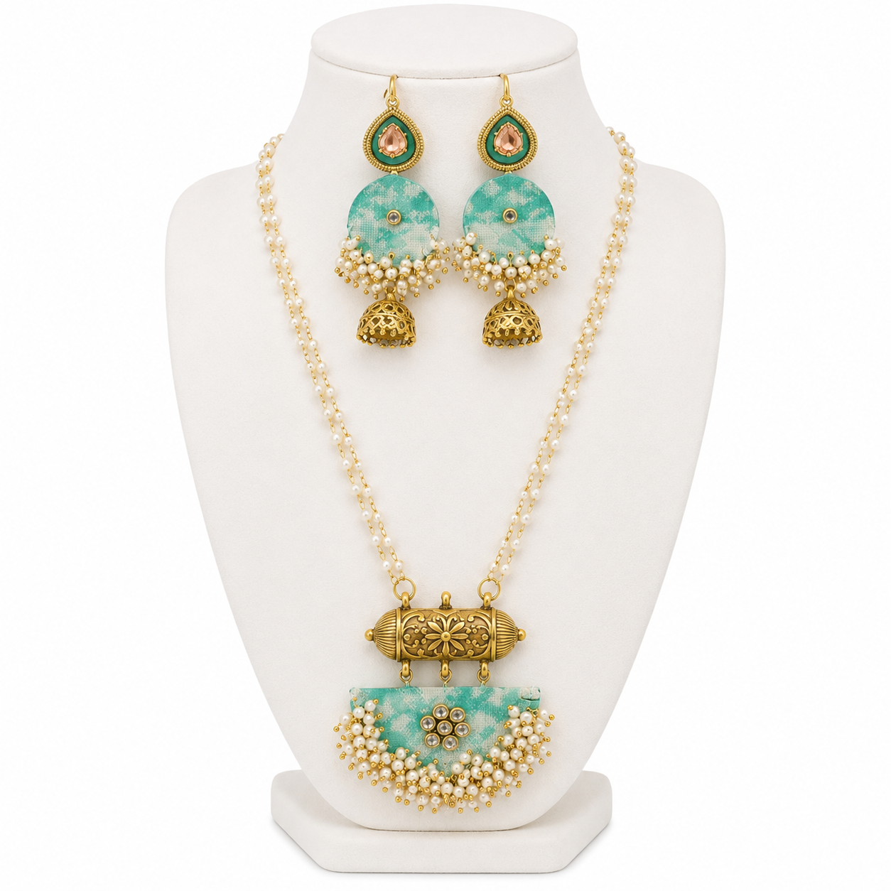 Pearl Cluster Green Fabric Pendant Necklace Set