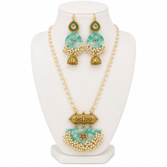 Pearl Cluster Green Fabric Pendant Necklace Set