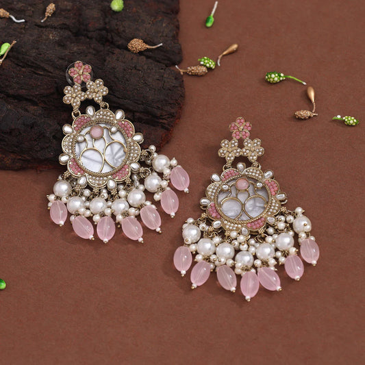 Pink Color Kundan with Pearl Earrings