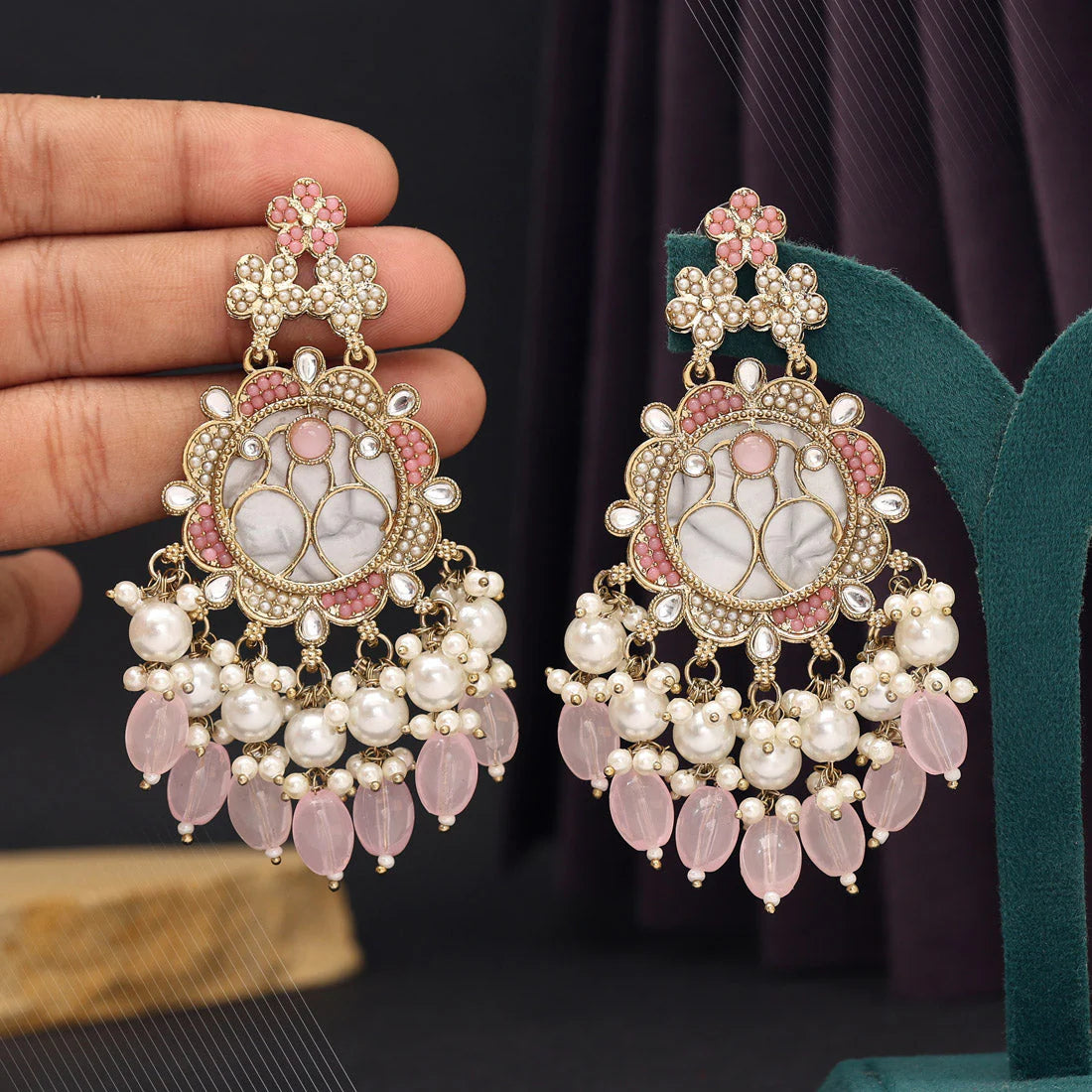 Pink Color Kundan with Pearl Earrings