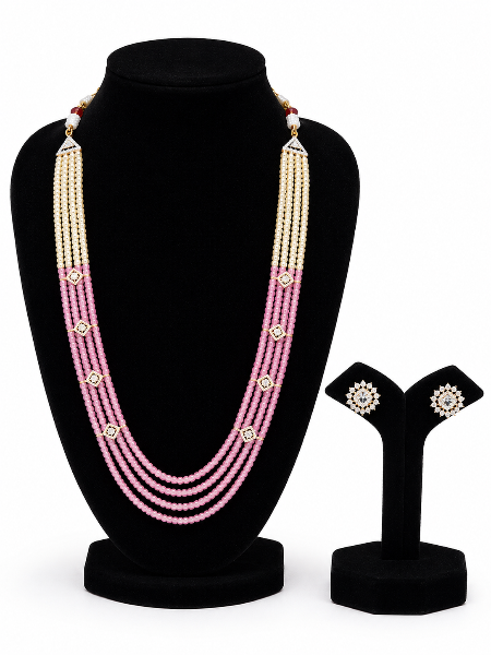 Pink Beaded Multi-Layer Pearl Necklace Set for Women