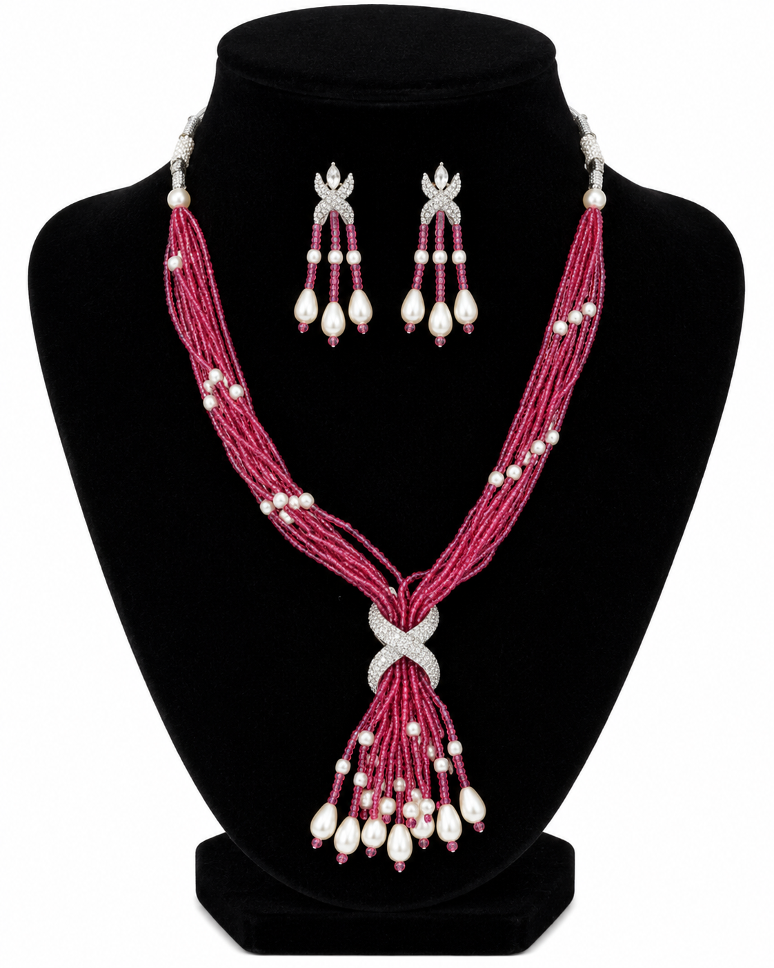 Pink Layered Beaded Pearl Tassel Necklace Set
