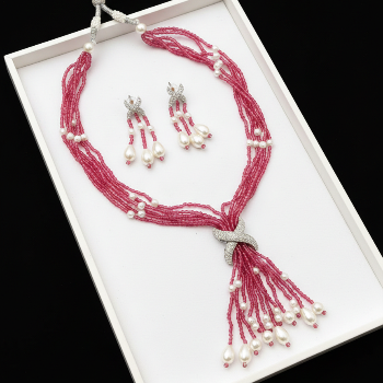 Pink Layered Beaded Pearl Tassel Necklace Set