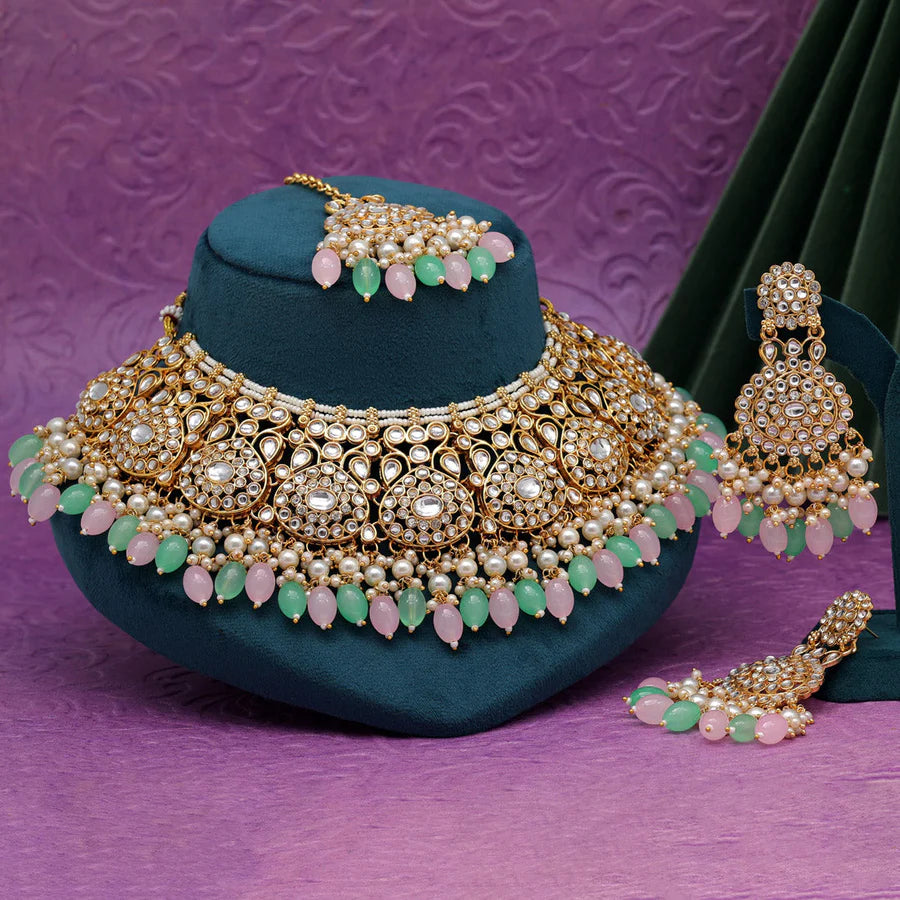 Parrot Green with Pink Color Kundan and beaded Necklace Set