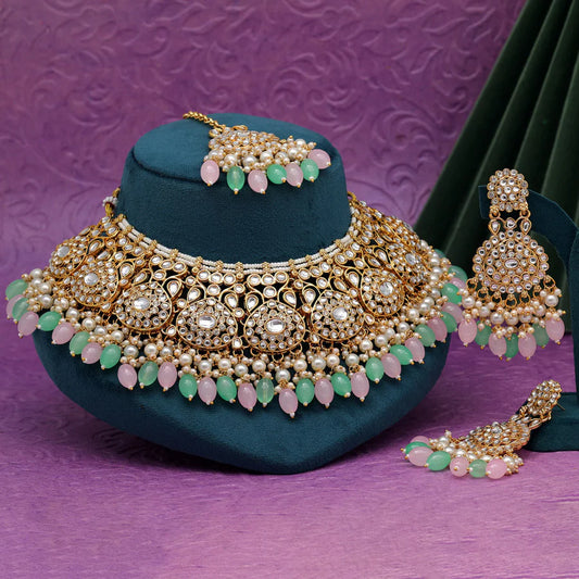 Parrot Green with Pink Color Kundan and beaded Necklace Set