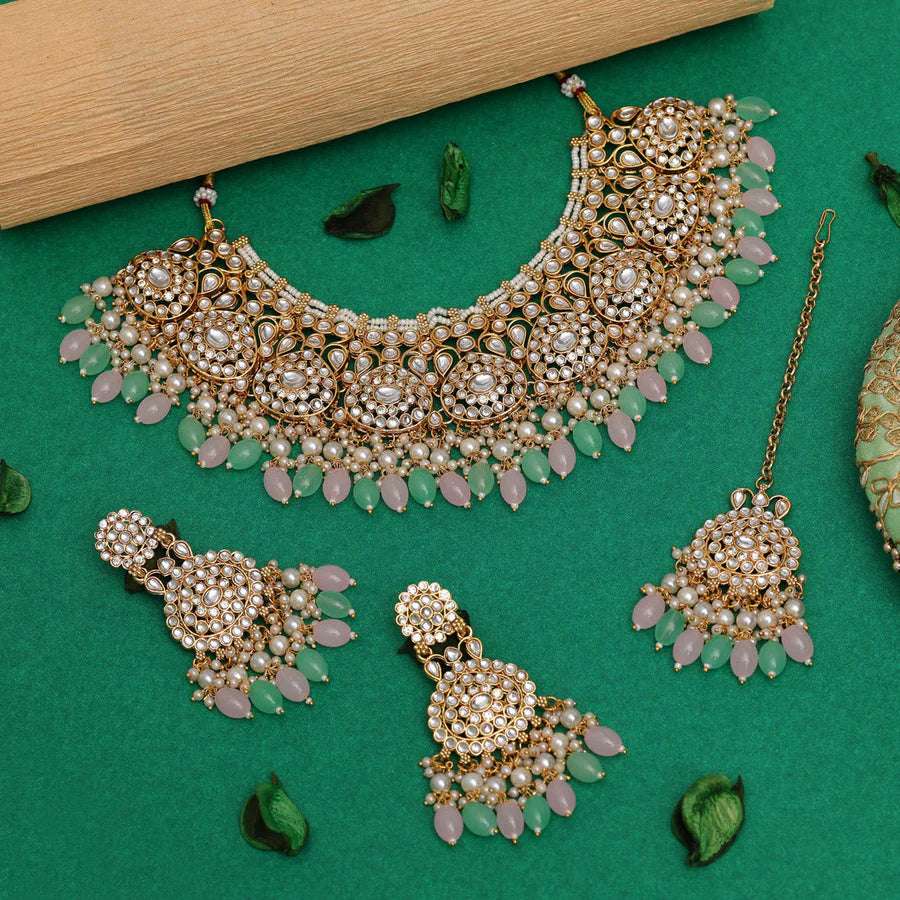 Parrot Green with Pink Color Kundan and beaded Necklace Set - Supermacchi Jewellery Collections