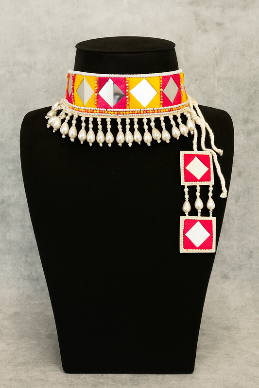 Pink and Yellow Mirror Work Necklace Set – Super Macchi Jewellery Collections