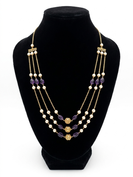 Purple Gold Pearl Beads 3 Layered Handmade Necklace for Women
