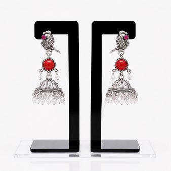 Red Peacock Oxidized Silver Jhumka Earrings for Women | Traditional Oxidised Jhumkas with Red Stone | Ethnic Statement Jewellery | Super Macchi