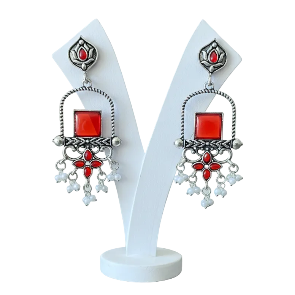 Red Stone Oxidised Earrings