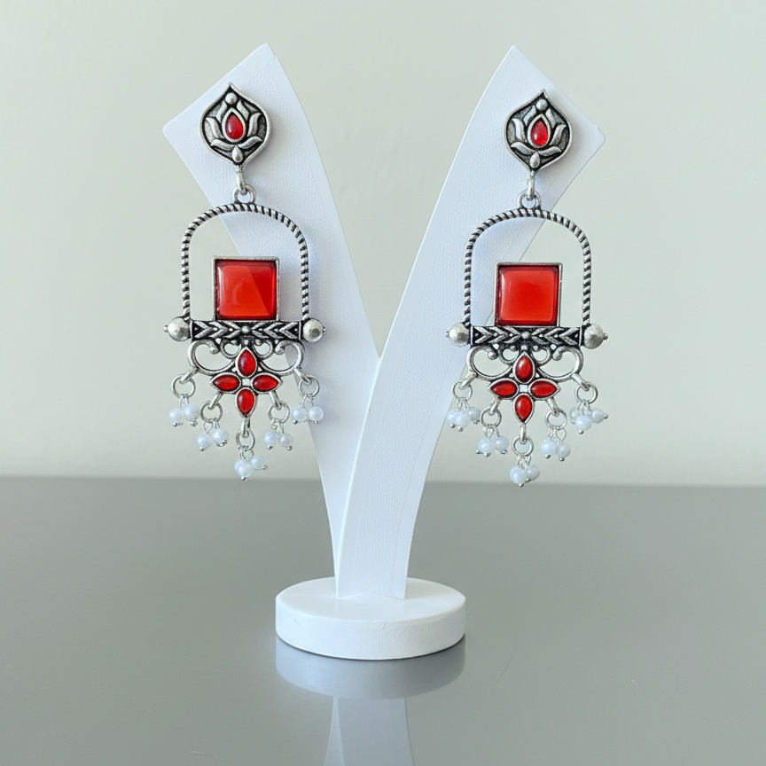 Red Stone Oxidised Silver Dangler Earrings with Pearl Drops