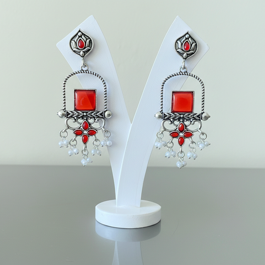 Red Stone Oxidised Silver Dangler Earrings with Pearl Drops