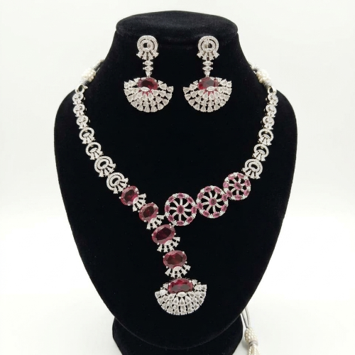 Red Stones American Diamond Designer Necklace Set for Women