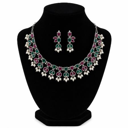 Red &amp; Green Stone German Silver Necklace Set for Women | Traditional Statement Jewellery Set with Earrings | Ethnic Wedding &amp; Festive Jewellery | Super Macchi
