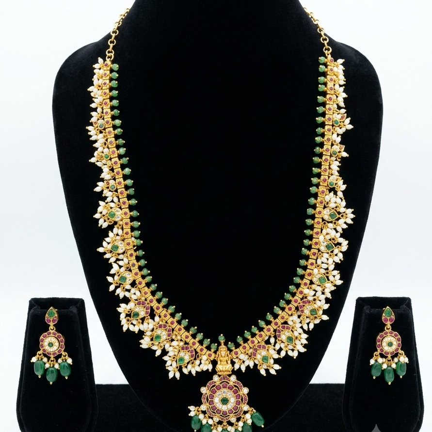 Rice Pearl and Green Bead Drops Long Gold Look-Alike Haram for Women – Premium South Indian Jewellery | Super Macchi