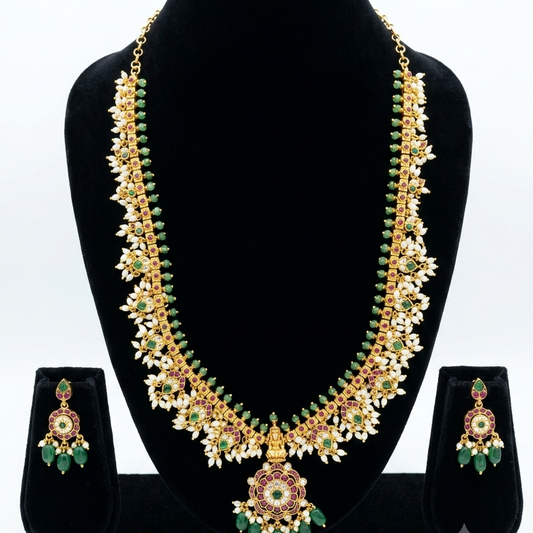Rice Pearl and Green Bead Drops Long Gold Look-Alike Haram for Women – Premium South Indian Jewellery | Super Macchi
