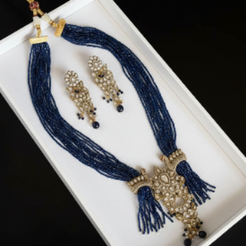 Royal Blue Beaded Kundan AD Necklace Set