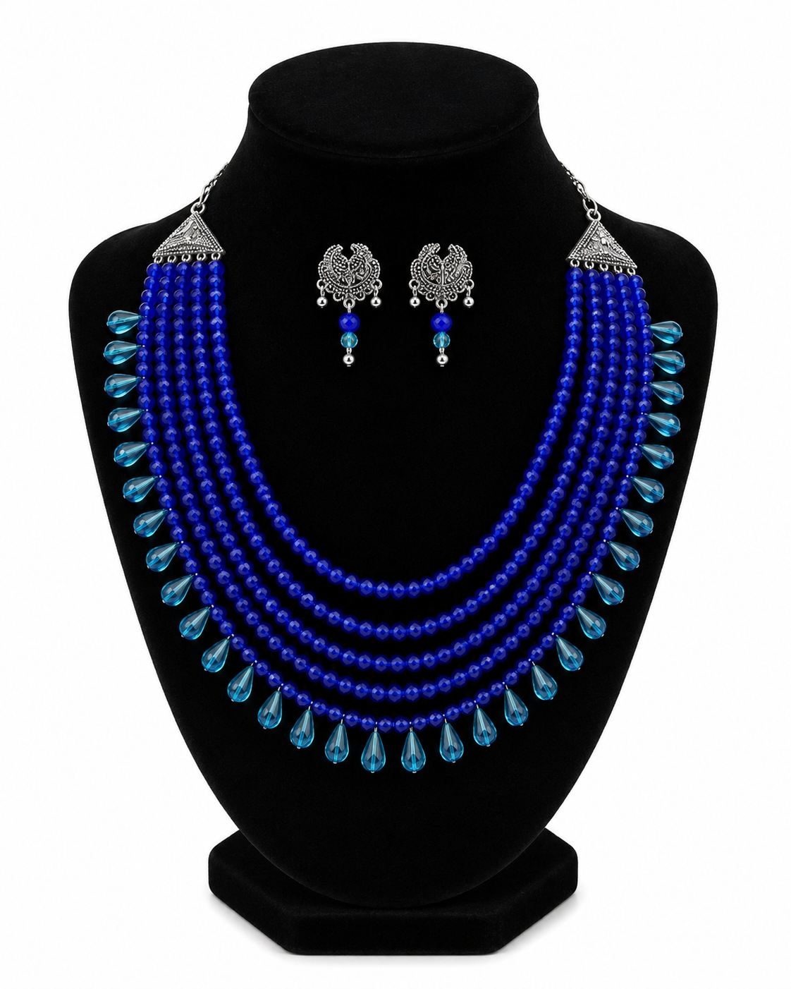 Royal Blue Layered Beads Necklace Set with Silver Earrings
