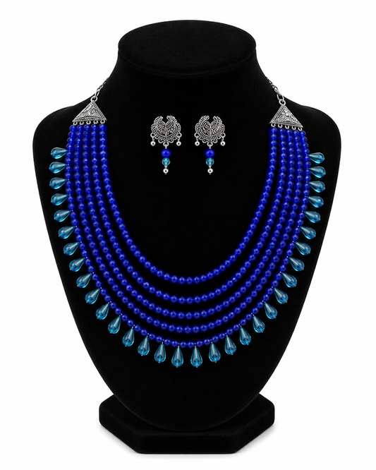 Royal Blue Layered Beads Necklace Set with Silver Earrings