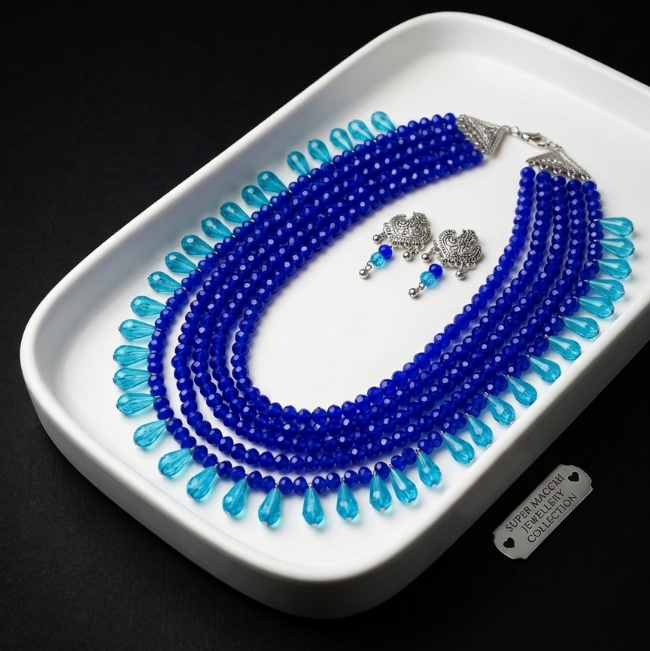 Royal Blue Layered Beads Necklace Set with Silver Earrings