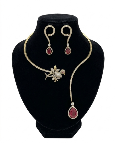 Ruby Moissanite American Diamond Designer Necklace Set for Women