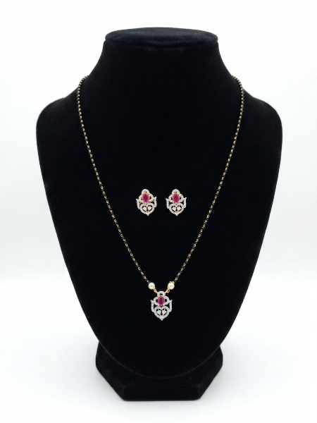 Ruby Pendant Black Beads Mangalsutra Necklace Set for Women 
