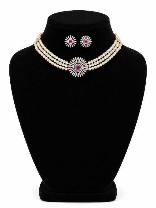 Ruby Stone Pearl Choker Necklace Set.