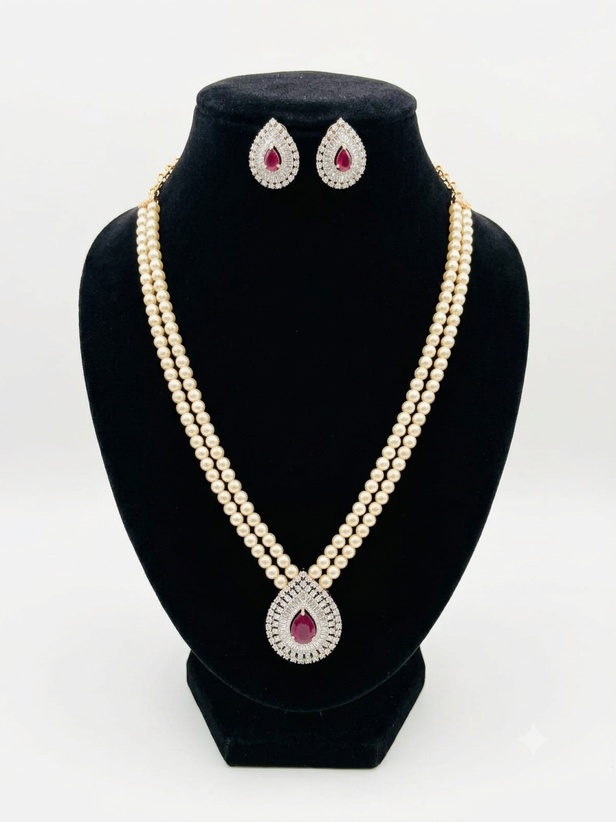 Ruby Stone and Uncut Diamond Look Long Pearl Necklace Set