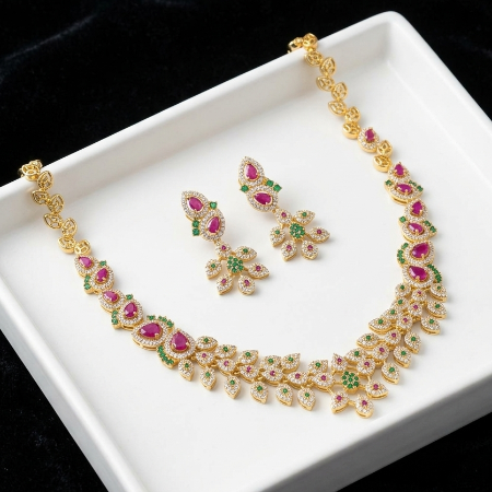 Ruby Stones with CZ Leaf Theme Gold Look Alike Necklace Set