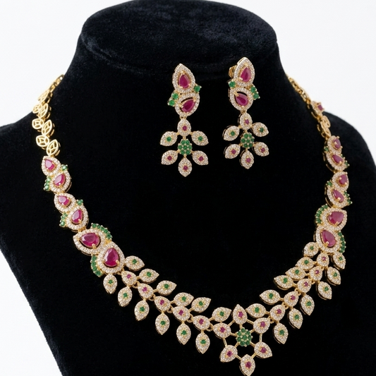Ruby Stones with CZ Leaf Theme Gold Look Alike Necklace Set Super Macchi