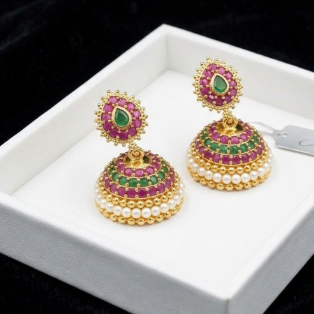 Ruby and Emerald Gold-Plated Jhumkas