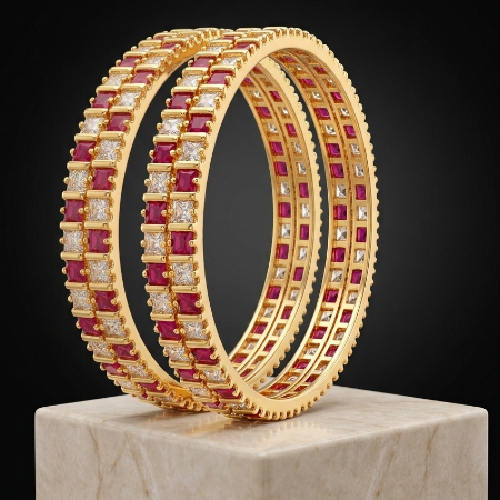 Ruby and White Stone Gold Look-Alike Bangles for Women 