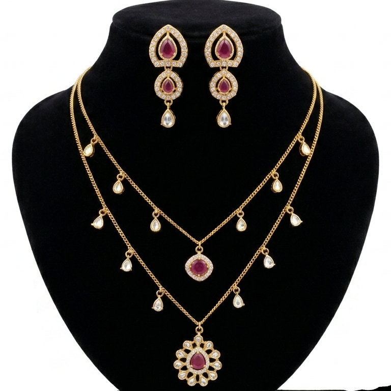 Ruby and White Stones Gold Replica 2 Layered Necklace Set for Women