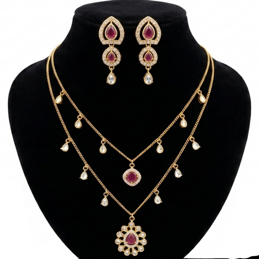 Ruby and White Stones Gold Replica 2 Layered Necklace Set for Women