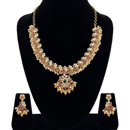 Short Guttapusalu Gold Look-Alike Jadau Necklace Set with Earrings for Women | Premium South Indian Jewellery | Super Macchi