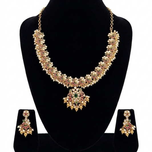 Short Guttapusalu Necklace, Guttapusalu Gold Look-Alike Necklace, Jadau Necklace Set, Gold Replica Necklace, South Indian Jewellery, South Indian Necklace Set, Premium Imitation Jewellery, Temple Jewellery, Bridal Jewellery Set, Wedding Guest Jewellery, Kanjivaram Saree Jewellery, Pearl Guttapusalu Necklace, Traditional Jewellery for Women, Artificial Jewellery Online India, Jadau, Jewellery Online, Buy Guttapusalu Necklace Online, Buy Jadau Necklace Set, Premium Artificial Jewellery, Gold Replica Jewellery