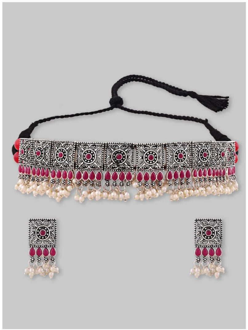 Silver-Plated Maroon Stone Studded & Beaded Jewellery Set