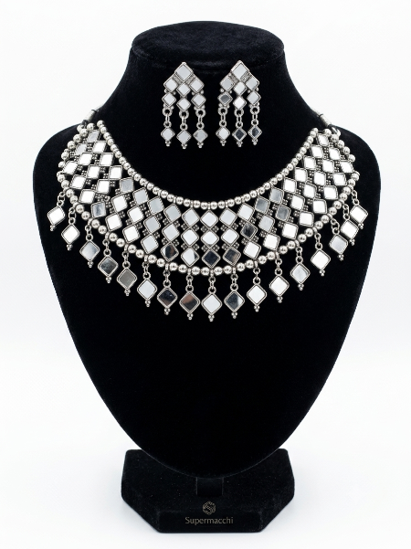 Silver-Plated Oxidised Mirror Studded Afghan Jewellery Set for Women | Traditional Tribal Statement Necklace Set with Earrings | Boho Ethnic Jewellery | Super Macchi