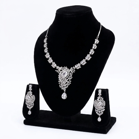 Silver American Diamond Necklace Set for Women – Premium AD Statement Jewellery | Super Macchi