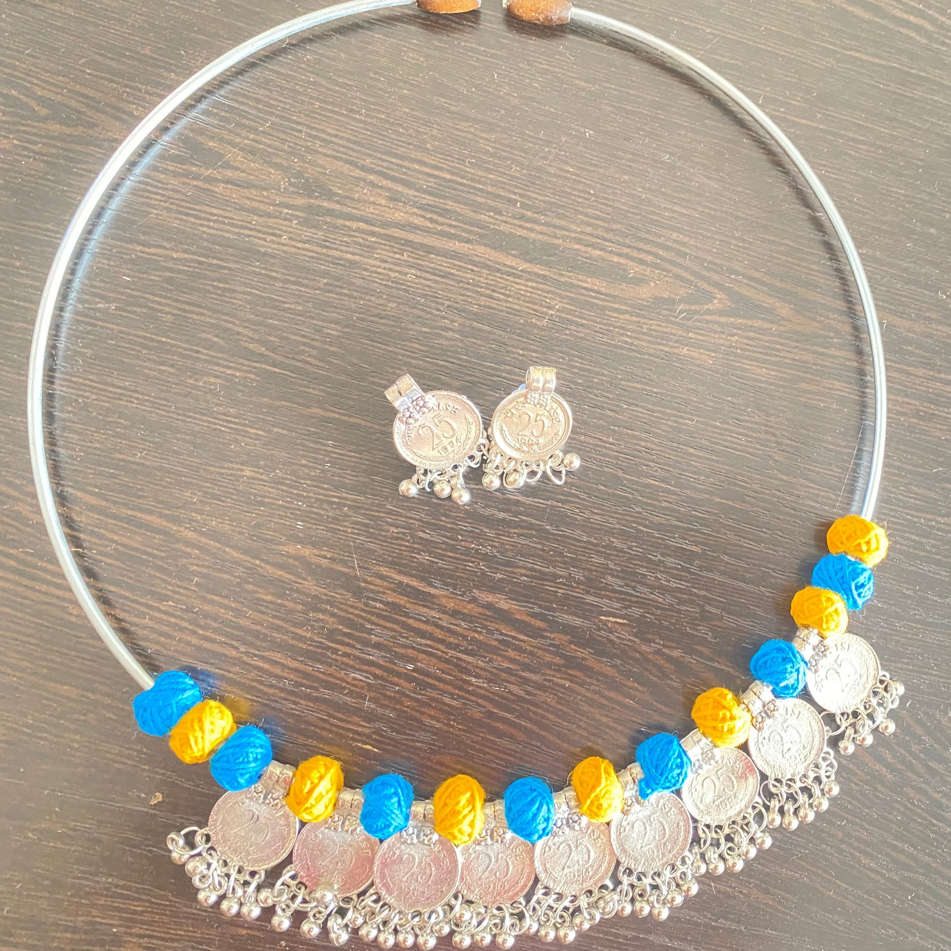 Silver Coin Choker Necklace Set with Blue and Yellow Thread Beads