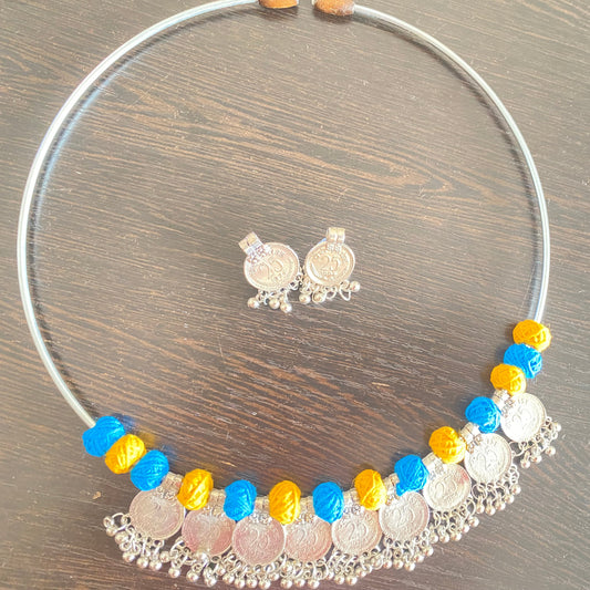 Silver Coin Choker Necklace Set with Blue and Yellow Thread Beads