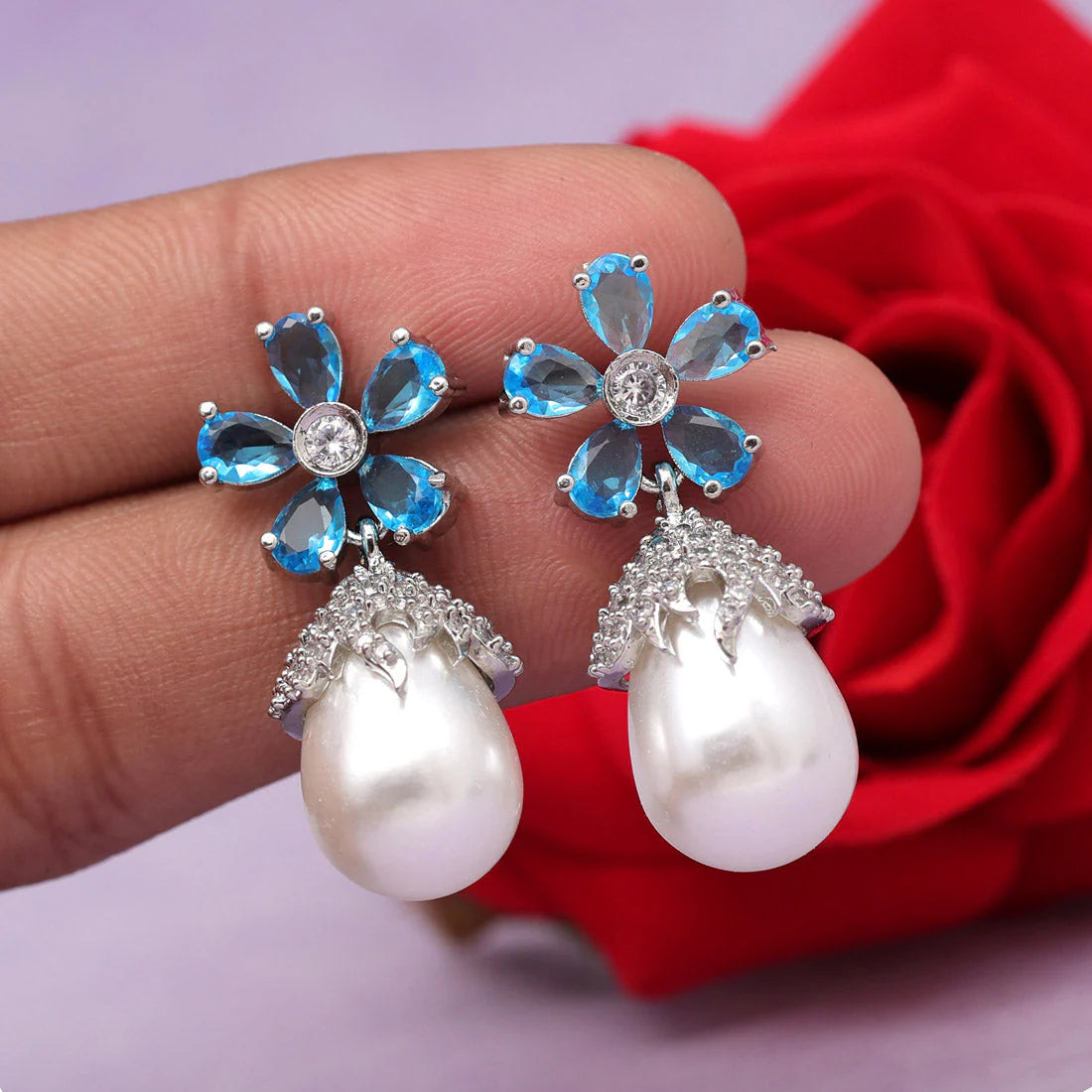 Sky Blue Colour American Diamond Earrings