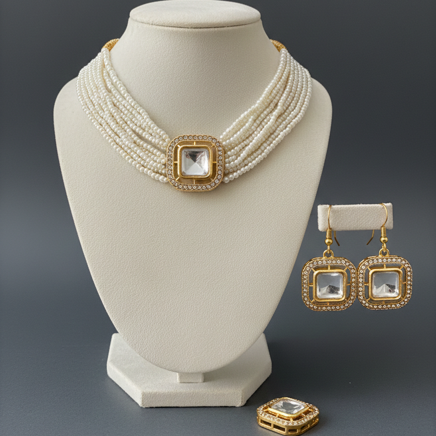 Square Kundan Statement Choker with Multi-Strand Pearls