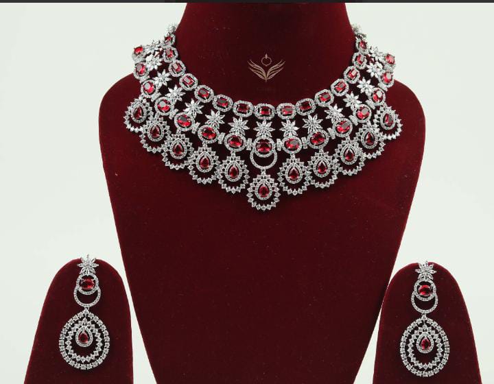 4 Layer American Diamond Red Rubies Jewellery Set