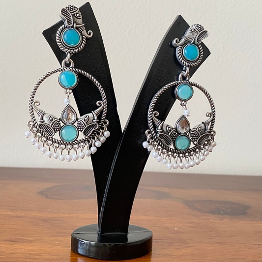 Turquoise Stone Elephant Theme Oxidised Hoop Earrings