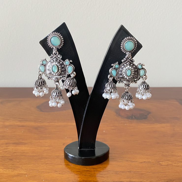 Turquoise Stone Oxidized Silver Jhumka Earrings
