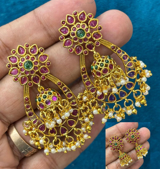 Kundan Ruby and Emerald Chandbali Jhumka Earrings – Super Macchi Jewellery Collections