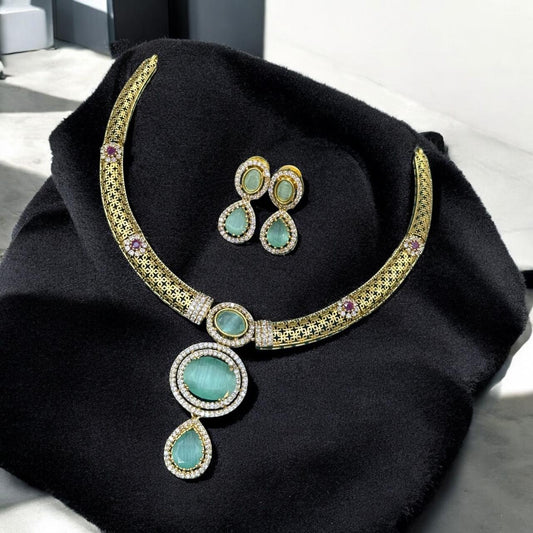 Cyan Blue Stone Choker Necklace Set with Earrings – South Indian Bridal Jewellery by Super Macchi